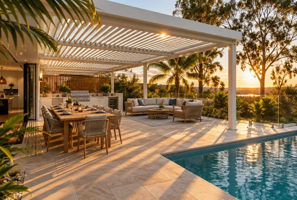 A white louvre pergola over an alfresco kitchen and dining area next to a pool at sunset