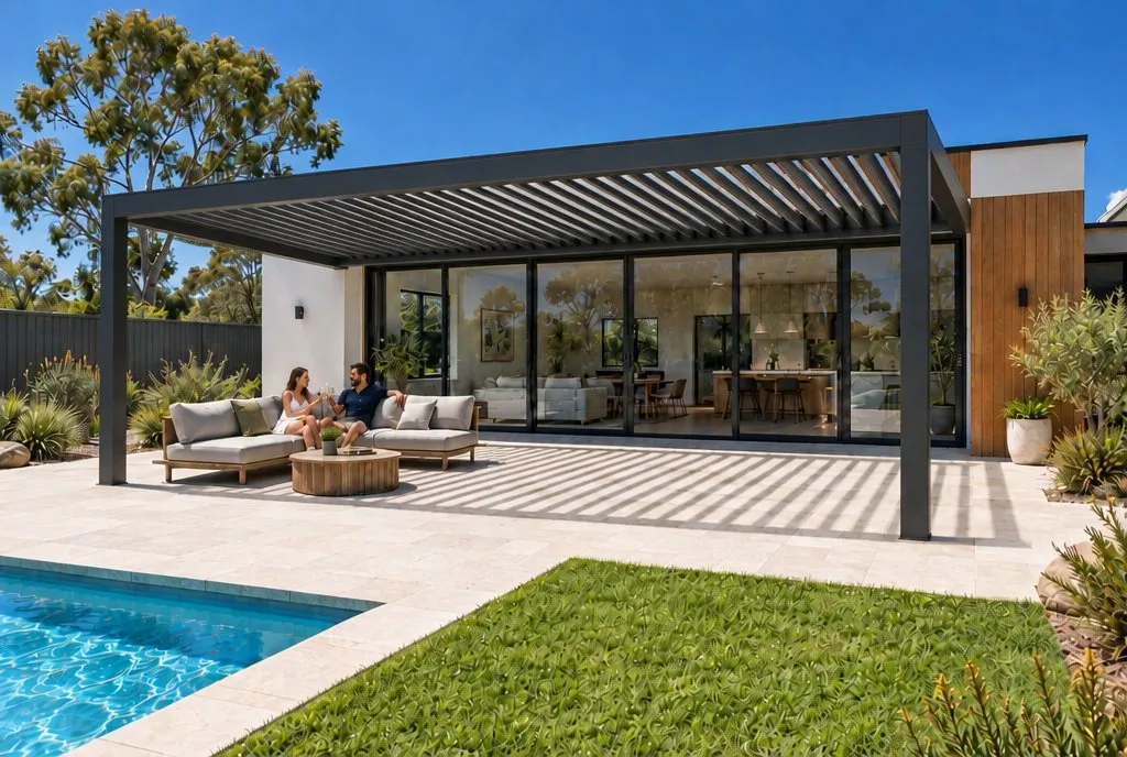 Adjustable Louvre Pergola added to the same backyard