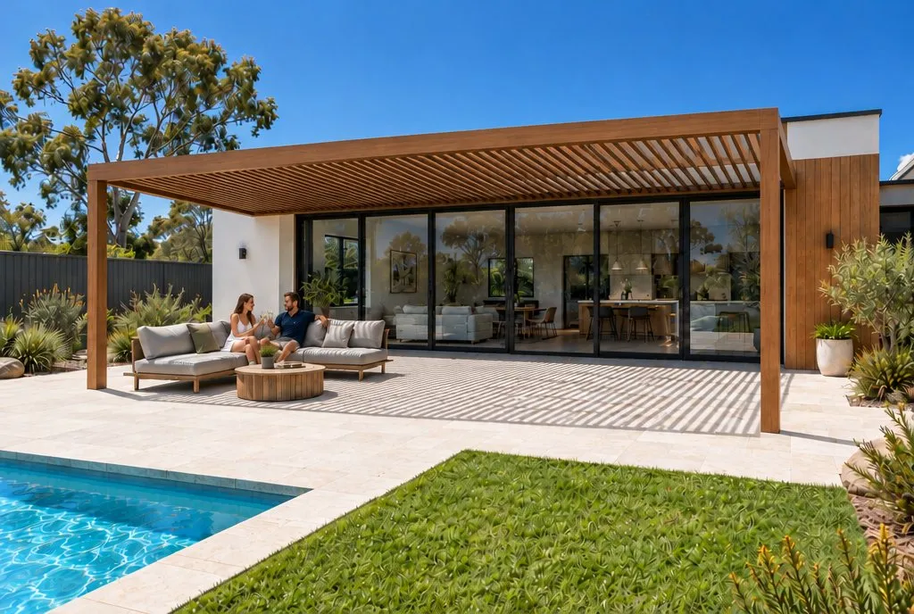 Fixed Aluminium Slat Pergola added to the same backyard