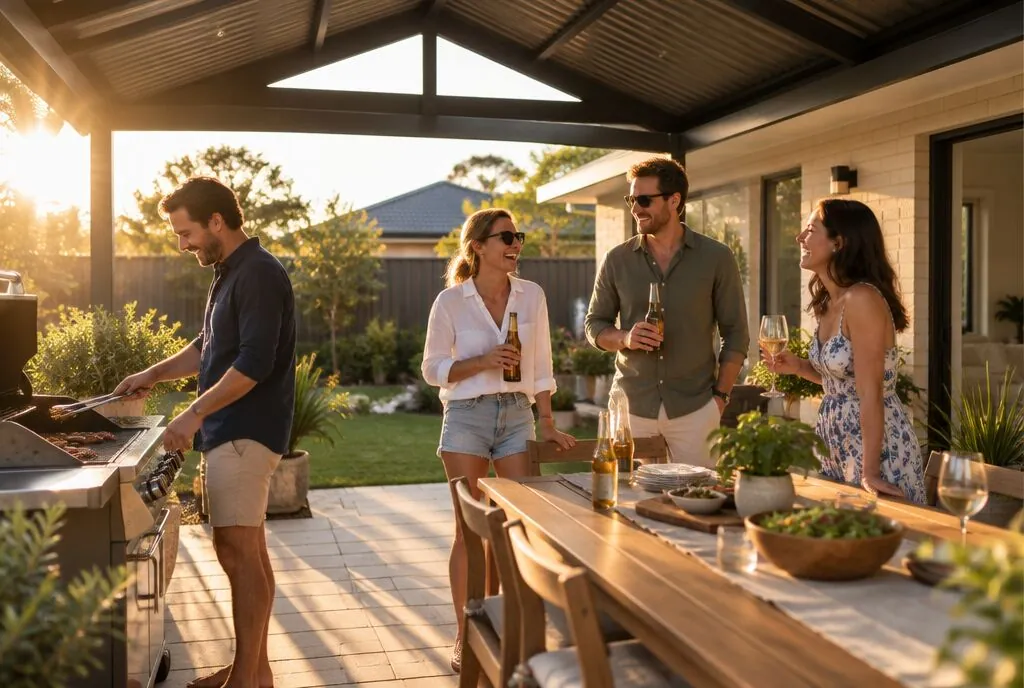 Friends laughing around a BBQ under a new charcoal gable patio on a sunny afternoon