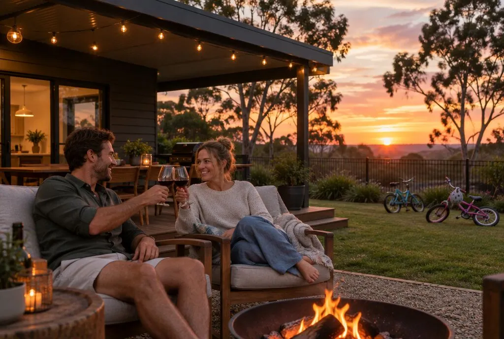 A couple toasting at sunset under their patio with festoon lights and a fire pit