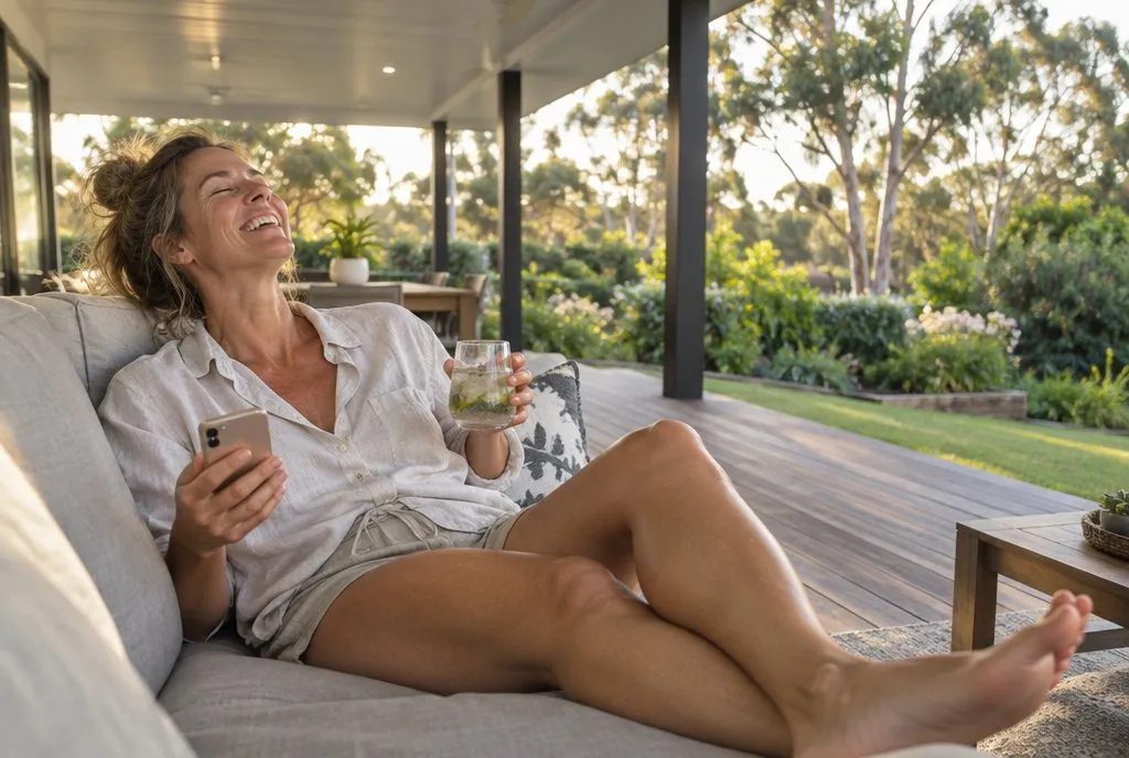 A relaxed homeowner laughing on her outdoor sofa under a new patio